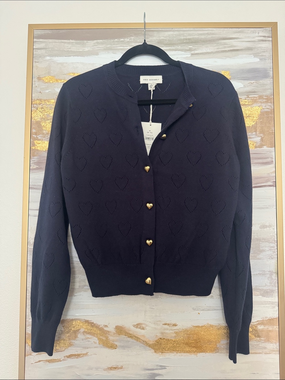 6/14 Teri Jon Navy Heart-Button Pointelle Crew Cardigan